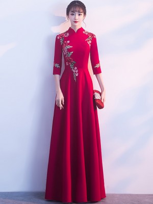 Floor Length Wine Red Embroidered Qipao / Cheongsam Dress