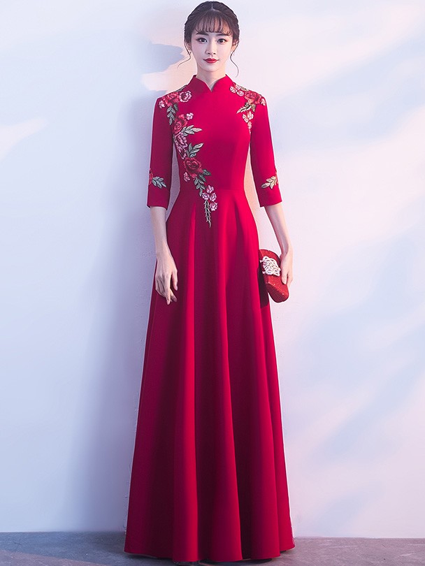 Floor Length Wine Red Embroidered Qipao /Cheongsam Dress