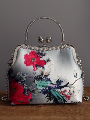 Floral Printing Chain Top Handle Clutch Bag