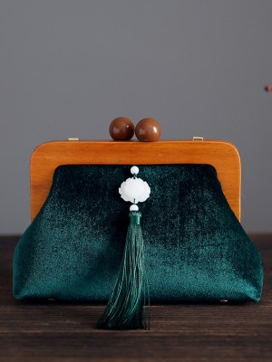 Green Velvet Chain Wood Handle Clutch Bag