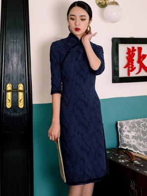 2020 Winter Navy Blue Knee Length Qipao / Cheongsam Dress