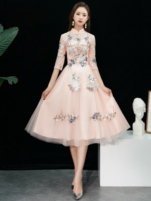 Bridesmaid Pink Embroidered Tulle Qipao / Cheongsam Dress