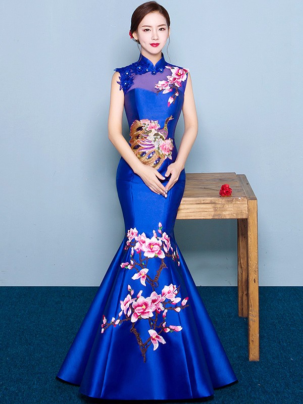 Custom Tailored Fishtail Qipao / Cheongsam Dress with Floral & Phoenix Embroidery