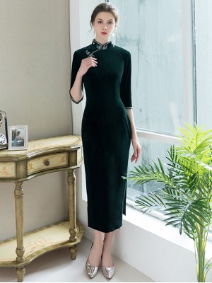 Green Velvet Tea-Length Qipao / Cheongsam Dress