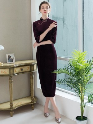 Purple Velvet Tea-Length Qipao / Cheongsam Dress