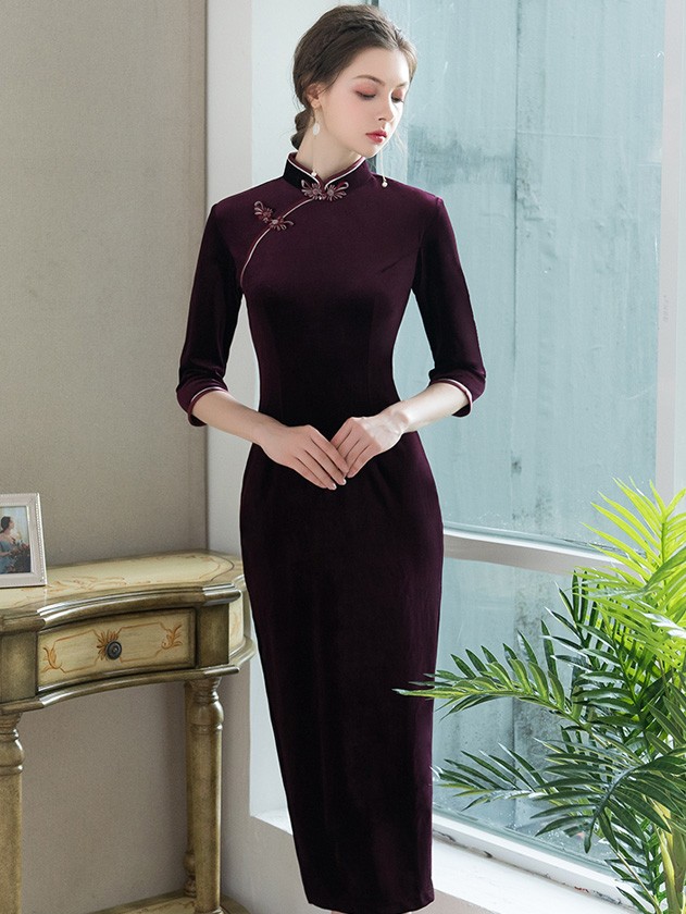 Purple Velvet Tea-Length Qipao / Cheongsam Dress