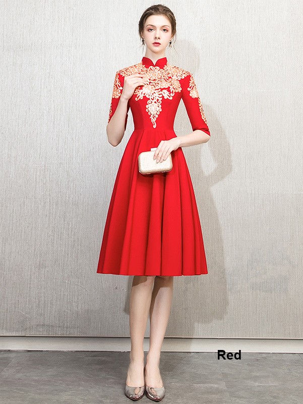 Red Sequined Embroidered A Line Qipao / Cheongsam Dress