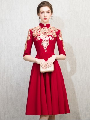 Red Sequined Embroidered A Line Qipao / Cheongsam Dress