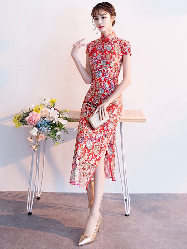 Red Floral Long Qipao / Cheongsam Wedding Dress