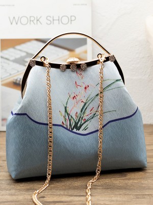 Blue Silk Printing Chain Top Handle Clutch Bags