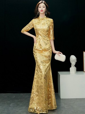 Gold Sequined Fishtail Qipao / Cheongsam Evening Dress