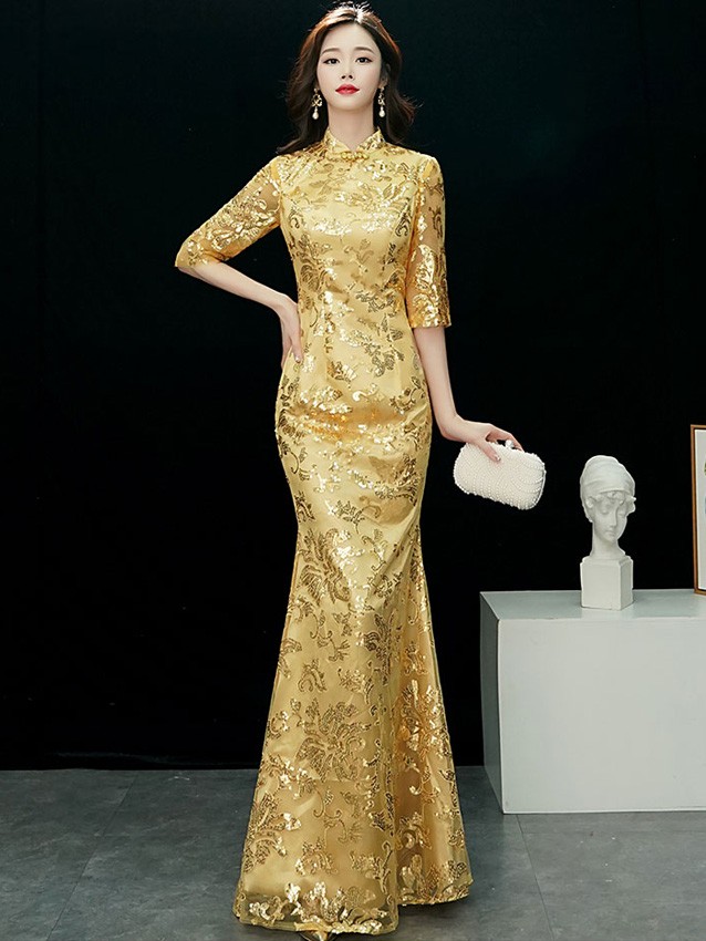 Gold Sequined Fishtail Qipao ...