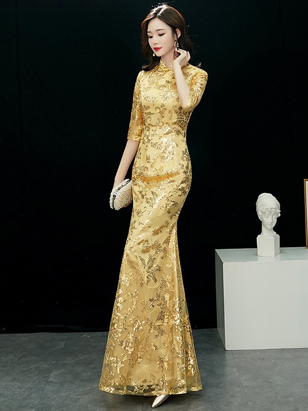 Gold Sequined Fishtail Qipao / Cheongsam Evening Dress