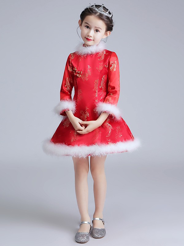 Red A Line Kids Girl's Qipao / Cheongsam Winter Dress