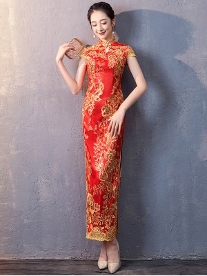 Red Sequined Long Qipao / Cheongsam Wedding Dress