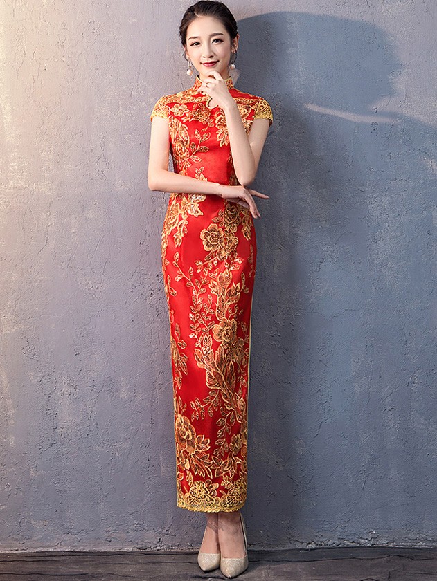 Red Sequined Long Qipao / Cheongsam Wedding Dress