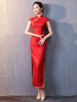 Red Woven Floral Long Qipao / Cheongsam Wedding Dress