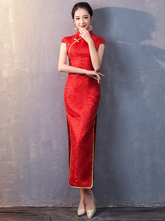 Red Sequined Long Qipao / Cheongsam Wedding Dress