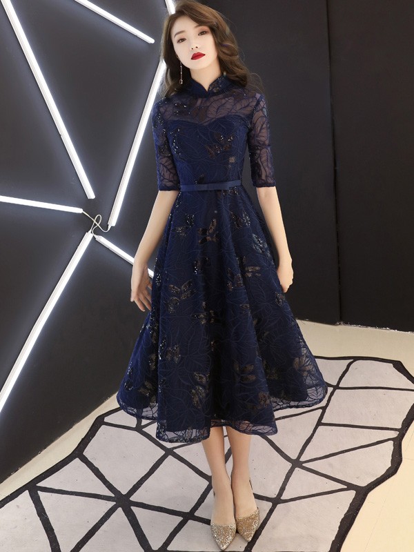 Navy Blue Sequined Tea Length Qipao / Cheongsam Party Dress - CozyLadyWear