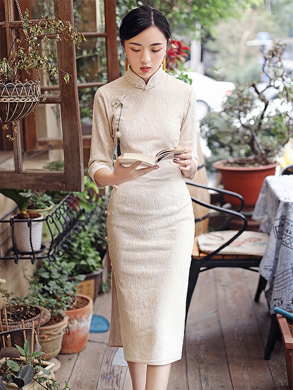 White Knee Length Winter Qipao ...