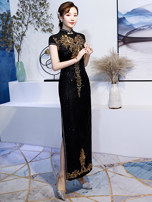 Black Sequined Long Qipao / Cheongsam Evening Dress