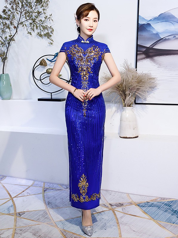 Blue Sequined Wedding Guest Long Qipao / Cheongsam Evening Dress ...