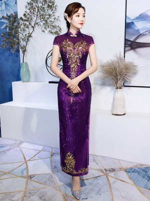 Purple Sequined Bride Mother Long Qipao / Cheongsam Evening Dress