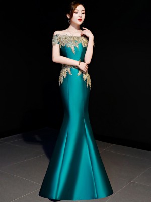 Green Off Shoulder Fishtail Qipao / Cheongsam Party Dress