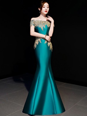 Green Off Shoulder Fishtail Qipao / Cheongsam Party Dress - CozyLadyWear