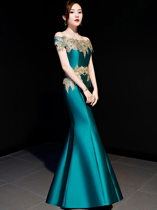 Green Off Shoulder Fishtail Qipao / Cheongsam Party Dress