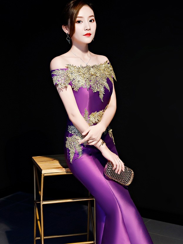 Purple Off Shoulder Fishtail Qipao / Cheongsam Party Dress