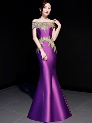 Purple Off Shoulder Fishtail Qipao / Cheongsam Party Dress