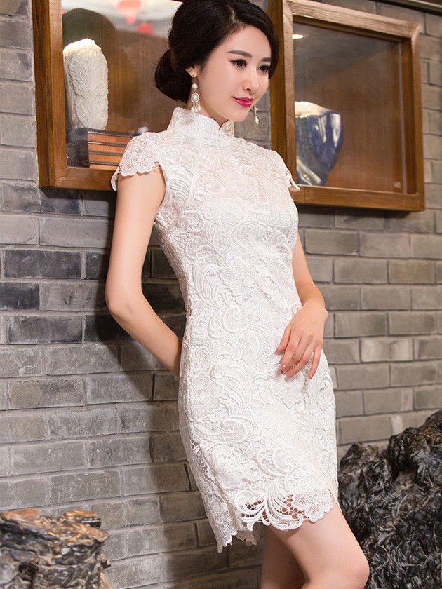 White Short Lace Cheongsam  Qipao Chinese Evening Dress