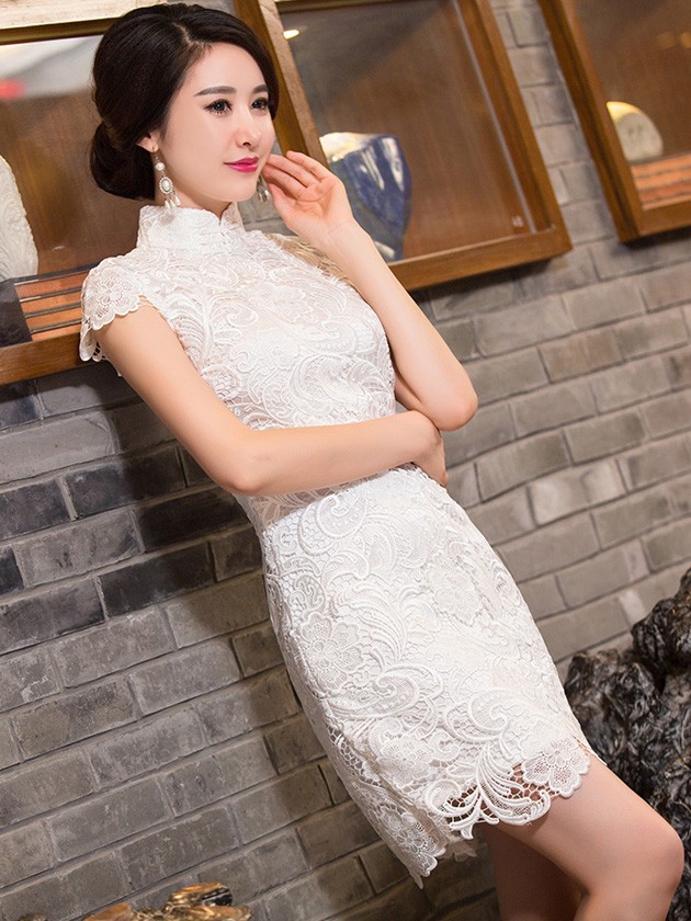 White Short Lace Cheongsam / Qipao / Chinese Evening Dress White Short Lace Cheongsam / Qipao / Chinese Evening Dress