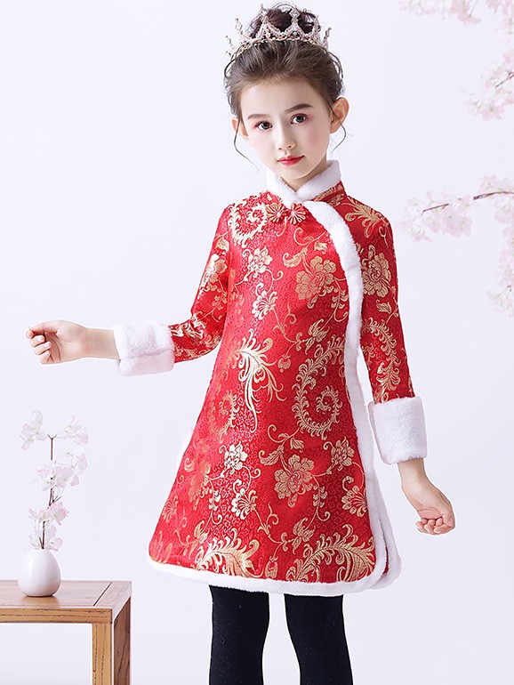 Red Floral Woven Kids Girl's Qipao / Cheongsam Winter Dress - CozyLadyWear