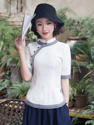 White Linen Qipao / Cheongsam Blouse Top with Half Sleeve