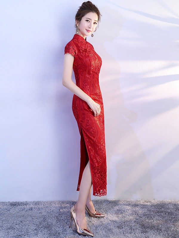 Wine Red Lace Tea Length Qipao / Cheongsam Party Dress