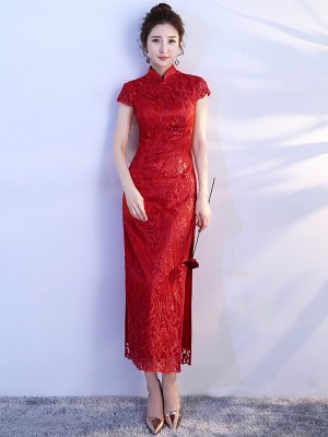 Wine Red Lace Tea Length Qipao / Cheongsam Party Dress