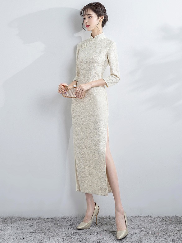 Beige Lace Long Qipao / Cheongsam Party Dress with Half Sleeve