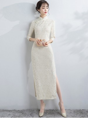 Beige Lace Long Qipao / Cheongsam Party Dress with Half Sleeve