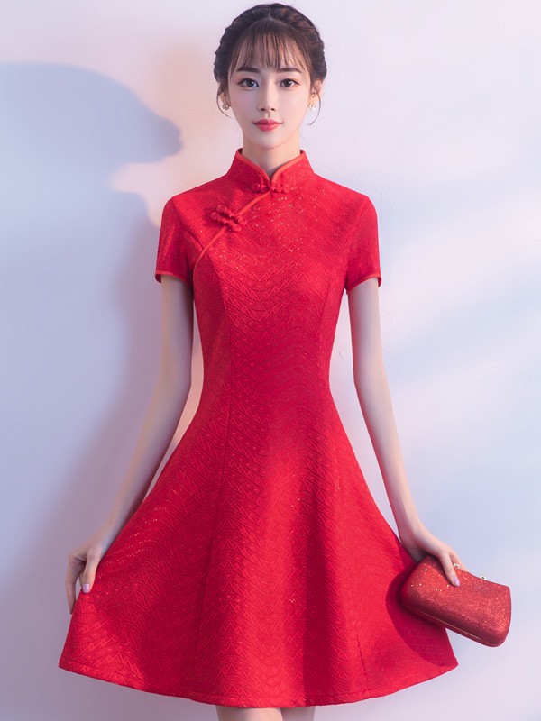 Red A-Line Striped Lace Qipao / Cheongsam Wedding Dress