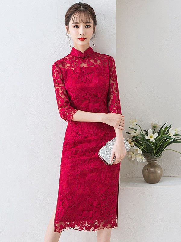 Wind Red Lace Mid Qipao / Cheongsam Dress with Half Sleeve Wind Red Lace Mid Qipao / Cheongsam Dress with Half Sleeve