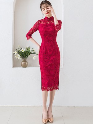 Wine Red Lace Mid Qipao / Cheongsam Dress with Half Sleeve