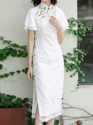 2019 White Lace Mid Modern Qipao / Cheongsam Dress with Flutter Sleeve