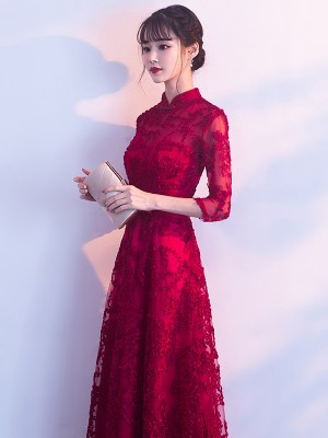 Wine Red Long A Line Qipao /Cheongsam Formal Dress