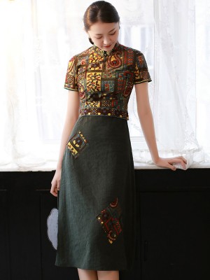 Green Embroidered Midi Modern Qipao / Cheongsam Dress