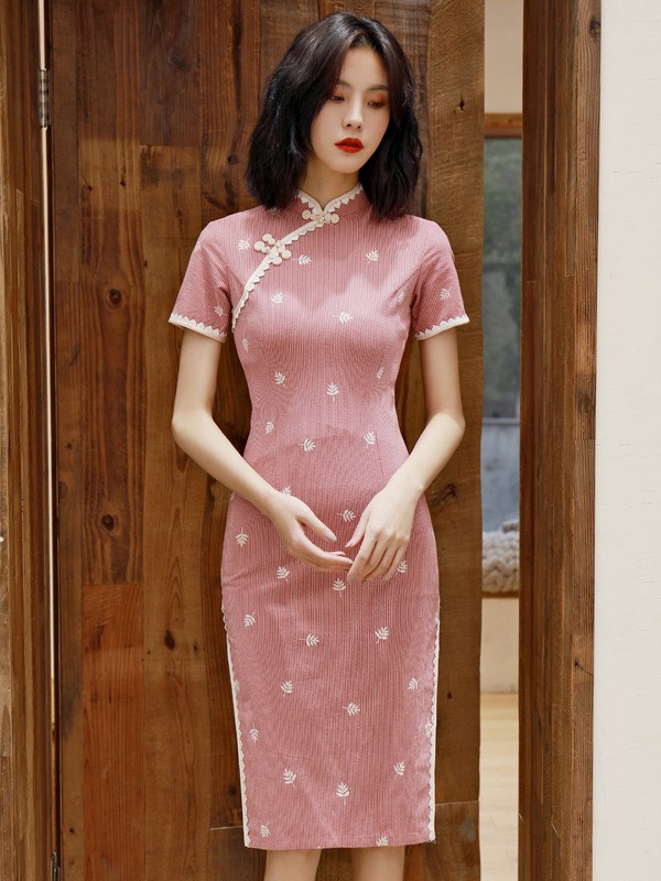  Pink  Striped 2022 Midi Cheongsam  Qipao Party Dress 