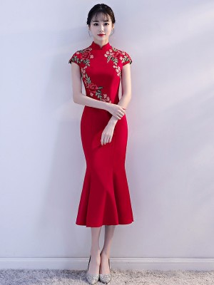 Red Embroidered Midi Qipao / Cheongsam Evening Dress