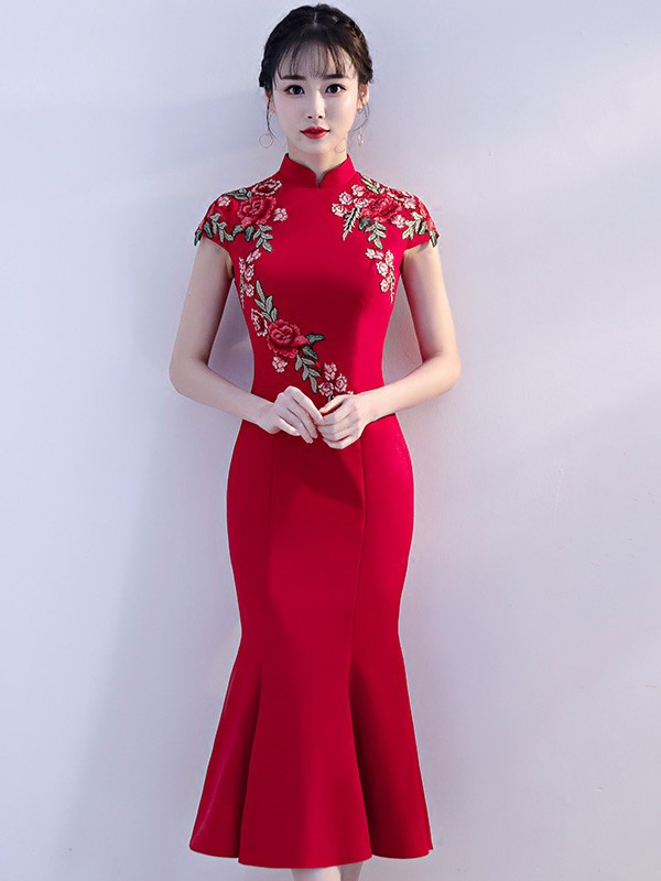 Red Embroidered Midi Qipao / Cheongsam Evening Dress