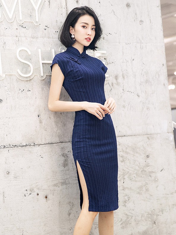 Navy Blue Striped Mid Cheongsam / Qipao Dress
